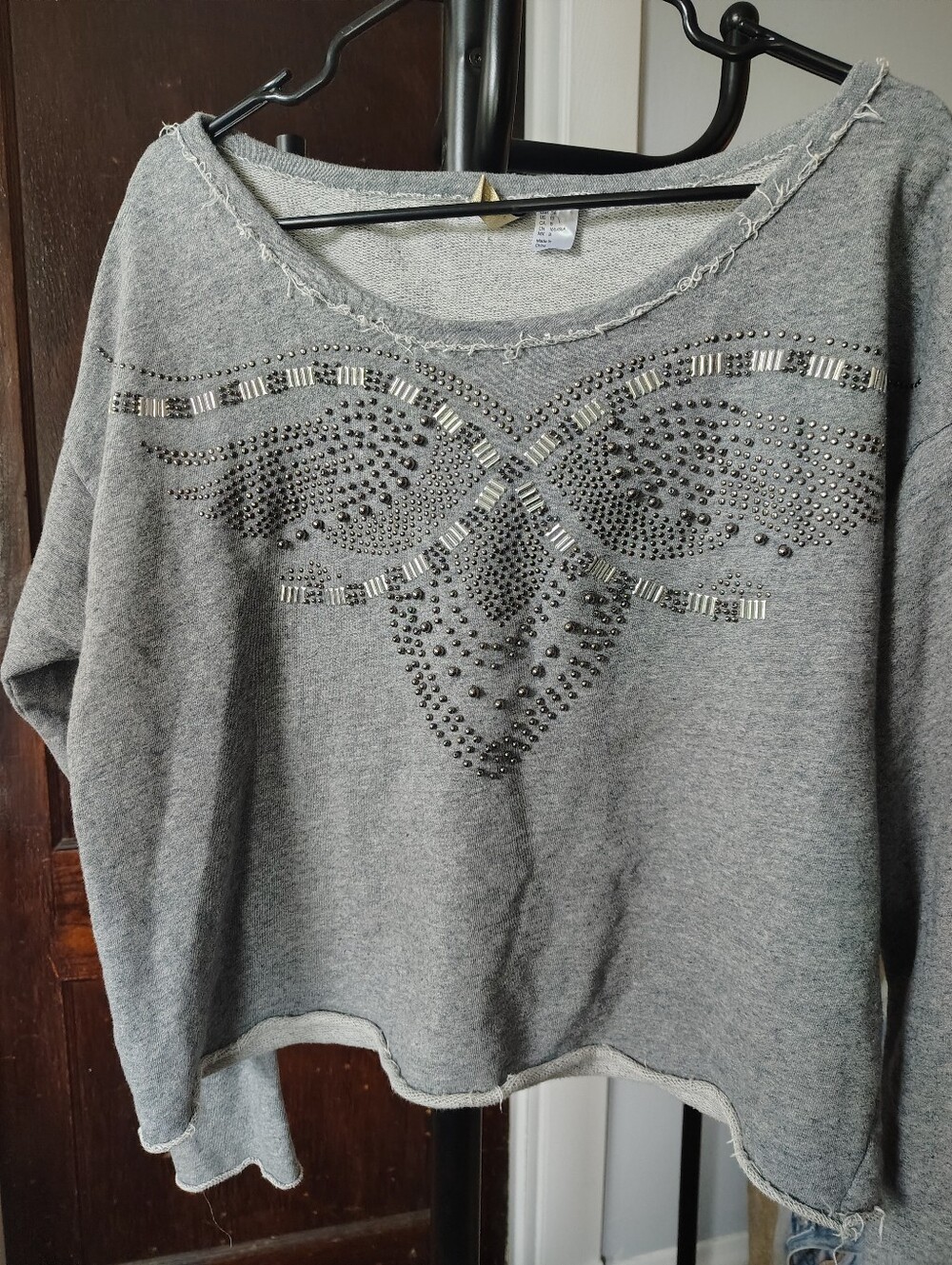 Divided Grey Studded Sweatshirt with Decorative Beadwork